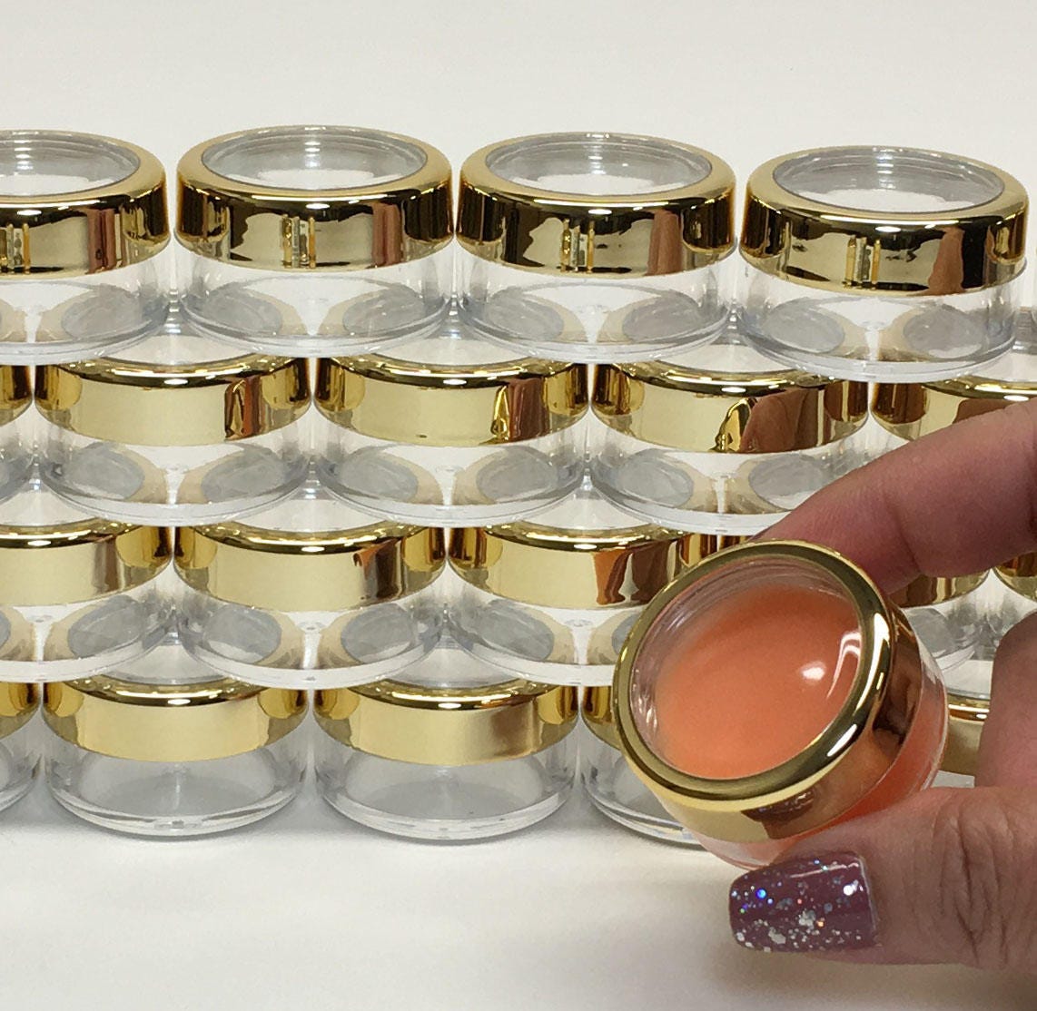 100 Empty Cosmetic Jars Wholesale Empty Plastic Lip Balm Beauty Containers Gold Trim Acrylic Lid 10 Gram 10 Ml (3012-100) Discount Cosmetic Jars