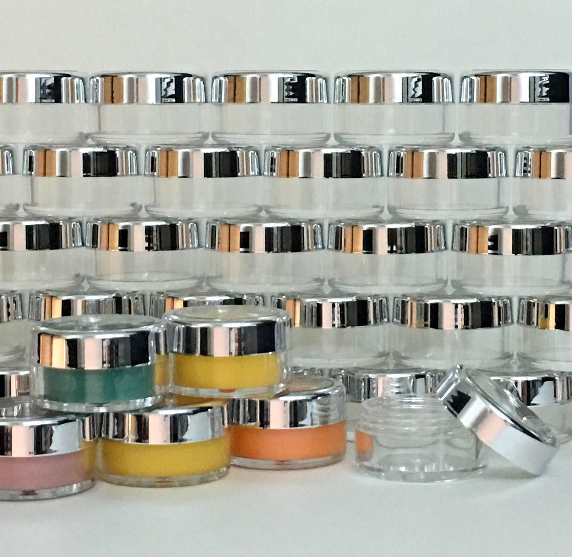 25 Beauty Lip Balm Containers Empty Small Plastic Cosmetic Pigment Jars Silver Trim Acrylic Lid 10 Gram 10 Ml (3011-25) Discount Cosmetic Jars