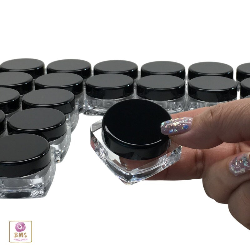 25 Cosmetic Containers Thick Wall Square Plastic Beauty Makeup Lip Balm Jars 10 Gram 10 Ml Black Lids (3088-25) Discount Cosmetic Jars