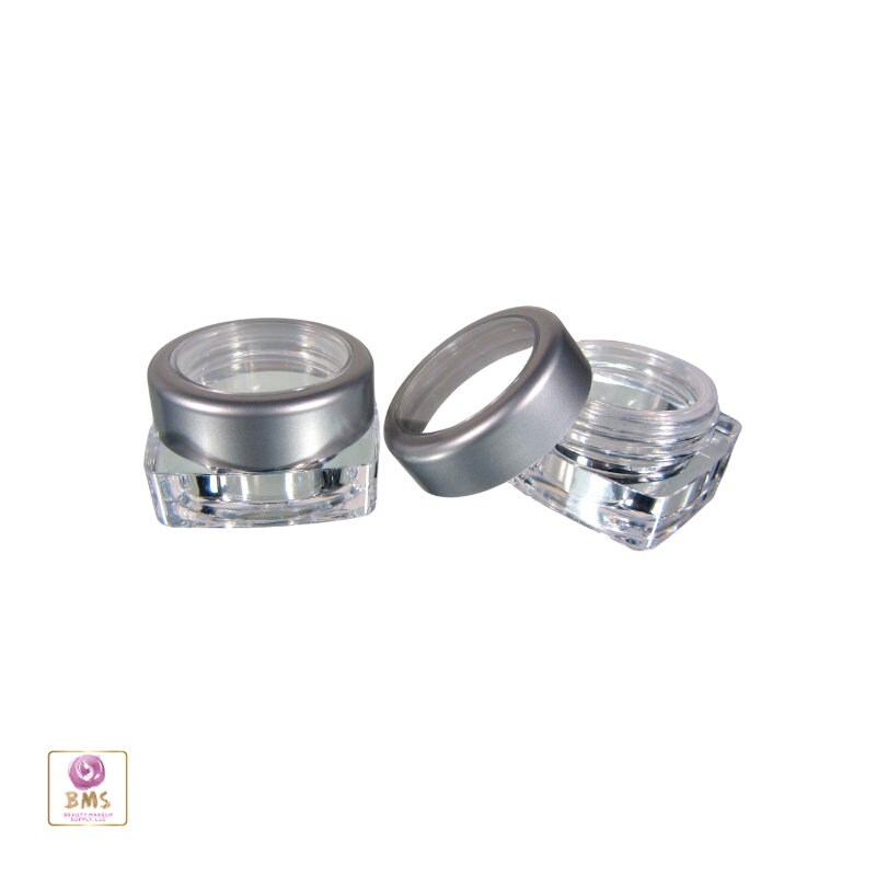 5 Cosmetic Jars Square Plastic Thick Wall Empty Makeup Containers Silver Trim Window Cap 5 Gram 5 Ml (3033-5) Discount Cosmetic Jars