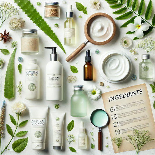Flat lay of skincare products with natural elements, including leaves and flowers, alongside a magnifying glass and ingredient list, emphasizing the importance of safe and natural skincare choices.