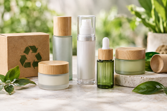 **Alt text:** Eco-friendly beauty packaging with cosmetic jars and bottles made from glass, bamboo, and recyclable materials surrounded by greenery.