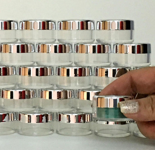 100 Beauty Lip Balm Containers Empty Small Plastic Cosmetic Jars Wholesale Silver Trim Acrylic Lid 10 Gram 10 Ml (3011-100) Discount Cosmetic Jars