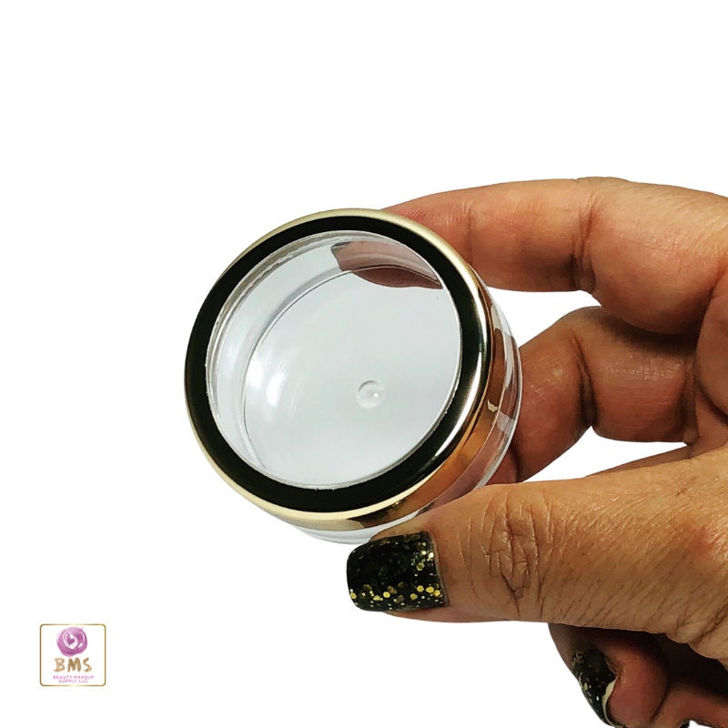 100 Cosmetic Jars Empty Plastic Beauty Makeup Container Packaging 20 Gram 20 Ml Gold Trim Acrylic Window Lid (3022-100) Discount Cosmetic Jars