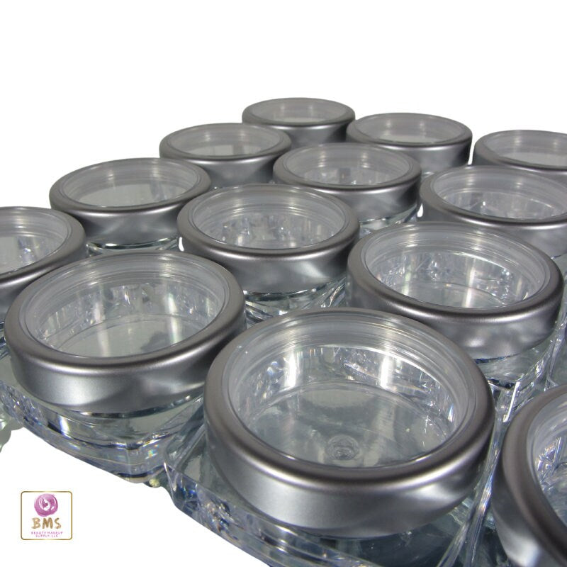 100 Cosmetic Jars Square Plastic Thick Wall Empty Makeup Containers Pot 15 Silver Trim Window Cap Gram 15 Ml (3083-100) Discount Cosmetic Jars