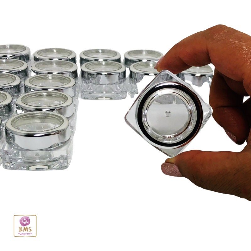 100 Cosmetic Jars Thick Wall Square Plastic Beauty Lip Balm Containers Silver Trim Acrylic Lid 10 Gram 10 Ml (3081-100) Discount Cosmetic Jars