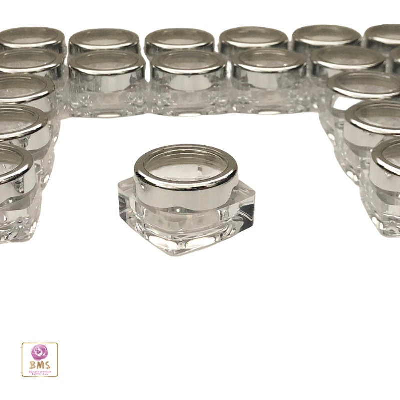 100 Cosmetic Jars Thick Wall Square Plastic Beauty Lip Balm Containers Silver Trim Acrylic Lid 10 Gram 10 Ml (3081-100) Discount Cosmetic Jars