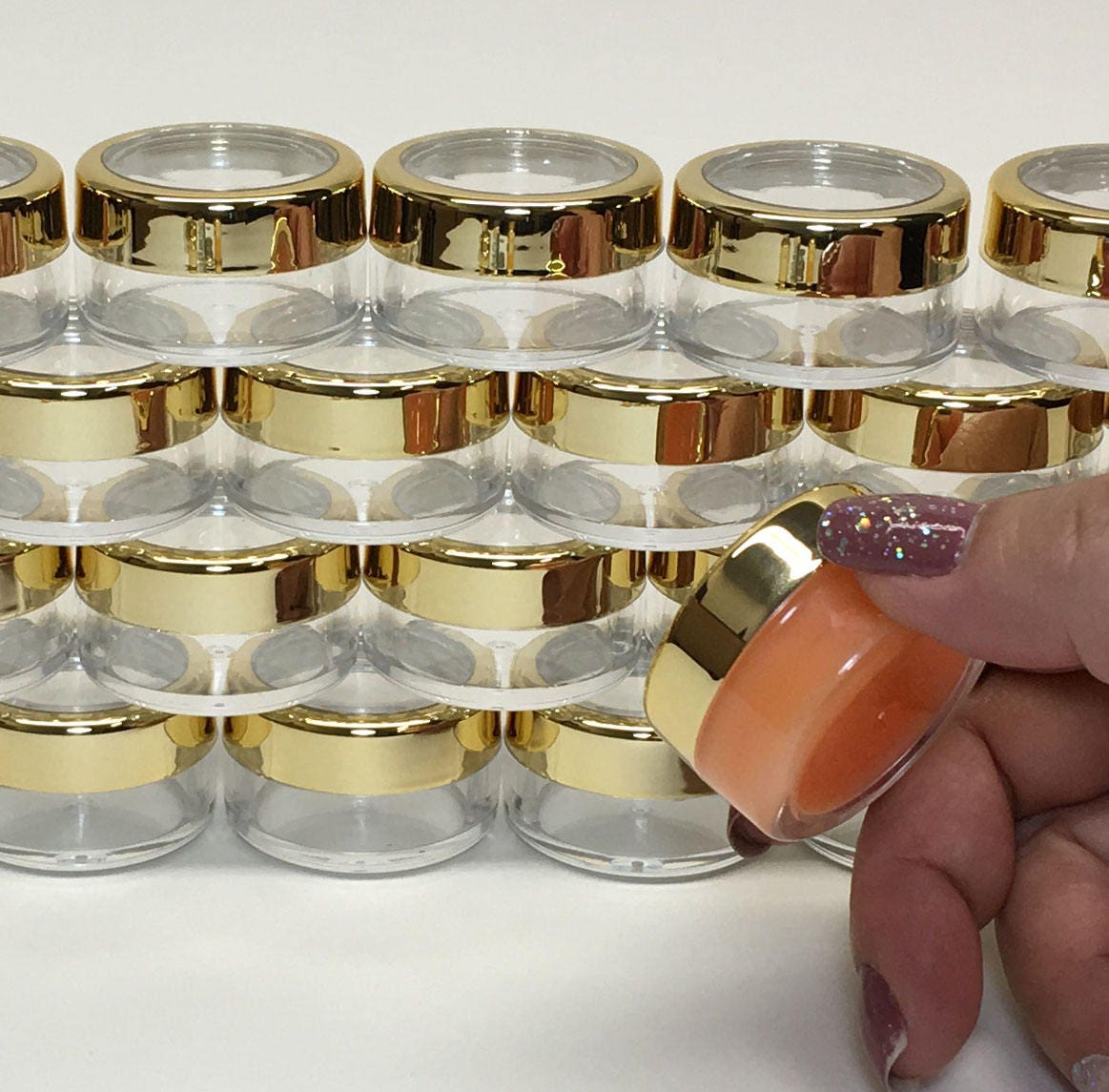100 Empty Cosmetic Jars Wholesale Empty Plastic Lip Balm Beauty Containers Gold Trim Acrylic Lid 10 Gram 10 Ml (3012-100) Discount Cosmetic Jars