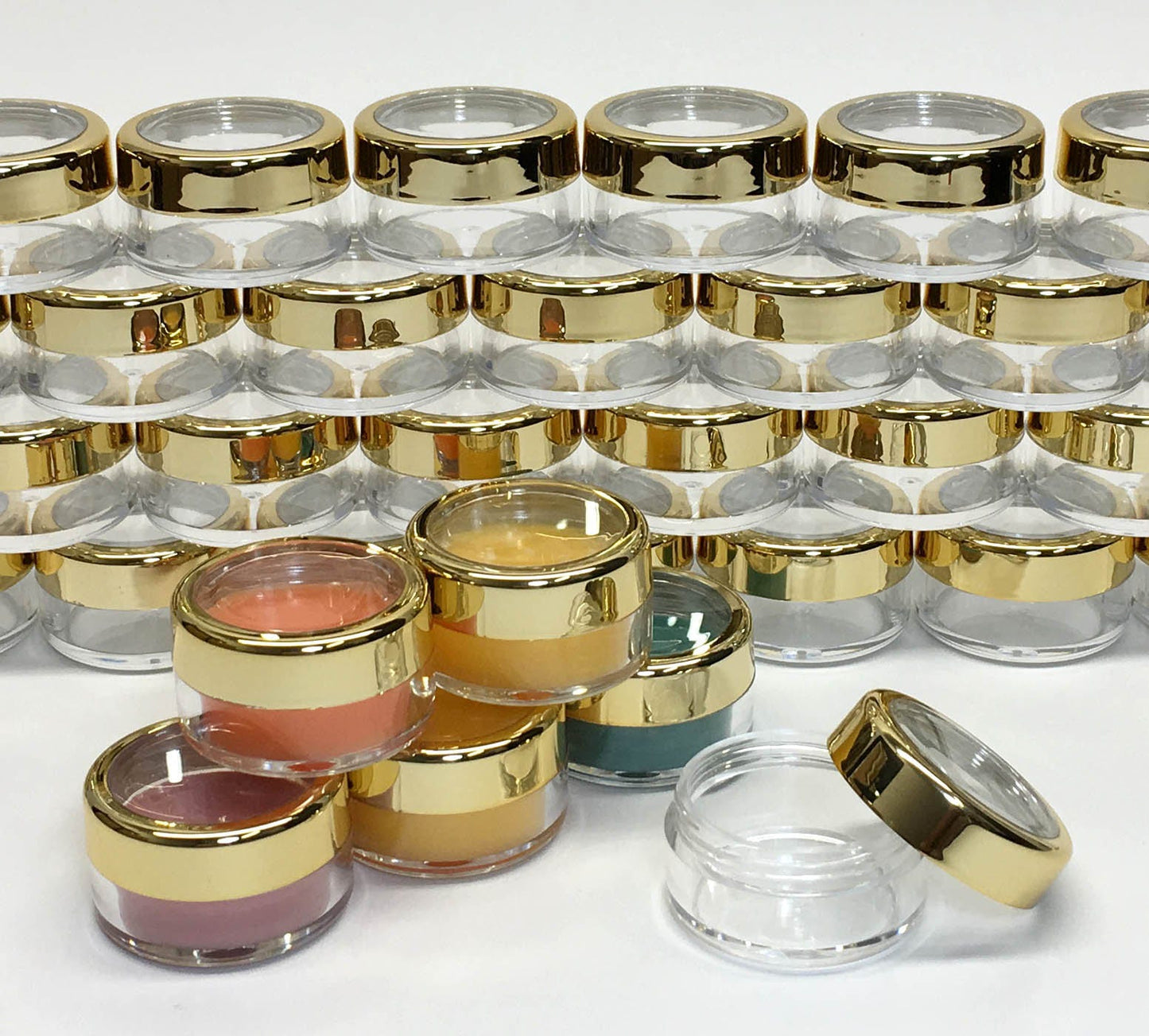 100 Empty Cosmetic Jars Wholesale Empty Plastic Lip Balm Beauty Containers Gold Trim Acrylic Lid 10 Gram 10 Ml (3012-100) Discount Cosmetic Jars