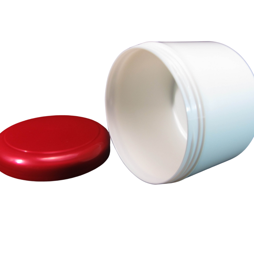 2 Plastic Cosmetic Jars Beauty Containers 7.5 oz. Pearl White Body w/ Lined Red Cap (9325-2) Discount Cosmetic Jars