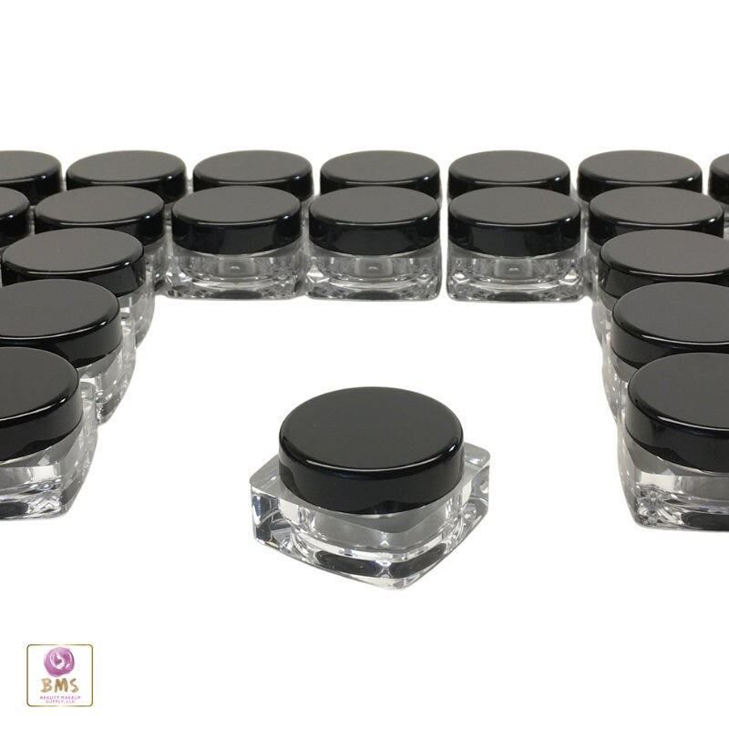 25 Cosmetic Containers Thick Wall Square Plastic Beauty Makeup Lip Balm Jars  10 Gram 10 Ml Black Lids (3088-25) Discount Cosmetic Jars