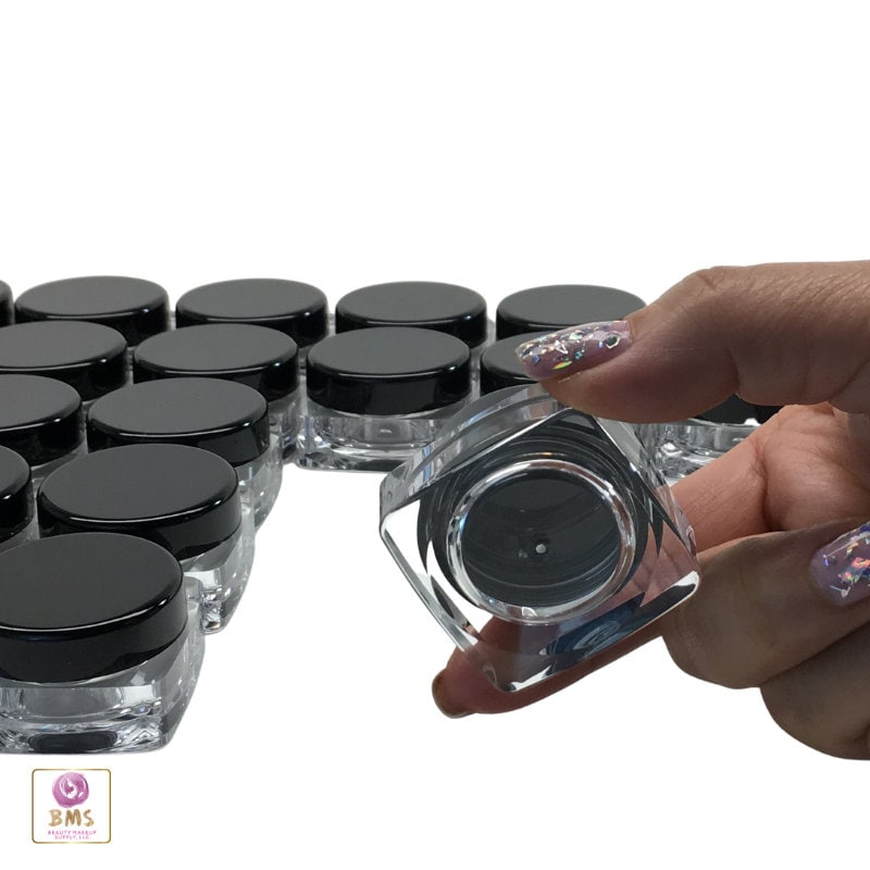 25 Cosmetic Containers Thick Wall Square Plastic Beauty Makeup Lip Balm Jars  10 Gram 10 Ml Black Lids (3088-25) Discount Cosmetic Jars