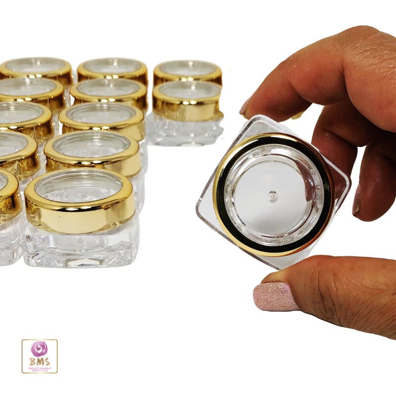 25 Cosmetic Jars Empty Plastic Thick Wall Square Beauty Lip Balm Containers Gold Trim Acrylic Lid 10 Gram 10 Ml (3082-25) Discount Cosmetic Jars