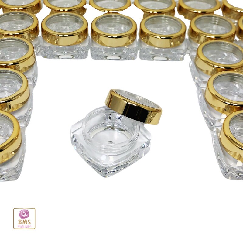 25 Cosmetic Jars Empty Plastic Thick Wall Square Beauty Lip Balm Containers Gold Trim Acrylic Lid 10 Gram 10 Ml (3082-25) Discount Cosmetic Jars