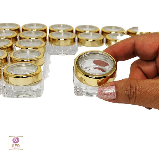 25 Cosmetic Jars Empty Plastic Thick Wall Square Beauty Lip Balm Containers Gold Trim Acrylic Lid 10 Gram 10 Ml (3082-25) Discount Cosmetic Jars