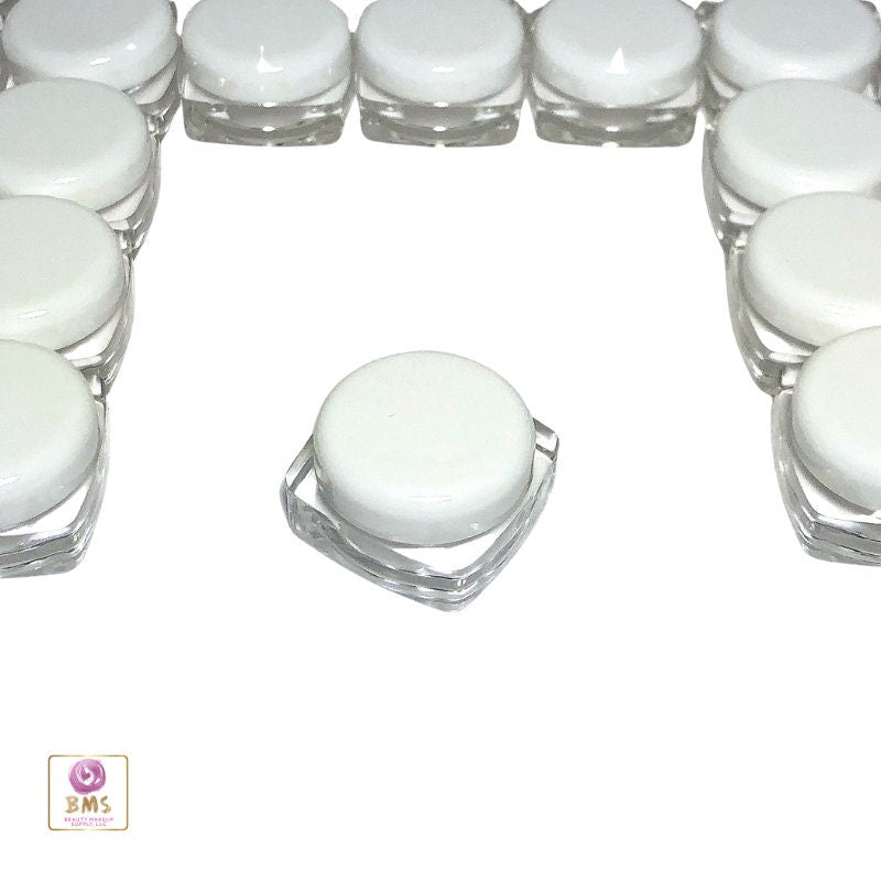 25 Cosmetic Jars Plastic Thick Wall Square Beauty Lip Balm Container Eyeshadow Pot White Cap 5 Gram 5 Ml (3036-25) Discount Cosmetic Jars
