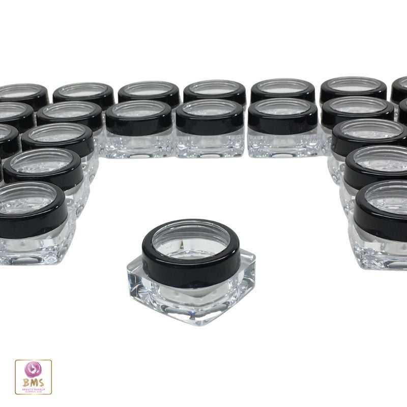 25 Cosmetic Lip Balm Containers Thick Wall Square Plastic Jars Eye Shadow Pot 10 Gram 10 Ml Black Trim Lid (3089-25) Discount Cosmetic Jars
