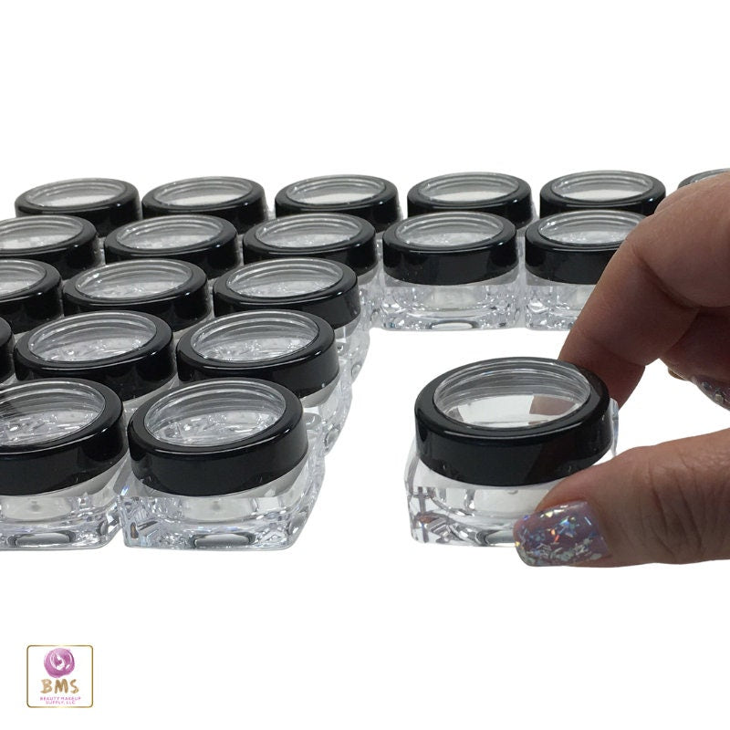 25 Cosmetic Lip Balm Containers Thick Wall Square Plastic Jars Eye Shadow Pot 10 Gram 10 Ml Black Trim Lid (3089-25) Discount Cosmetic Jars