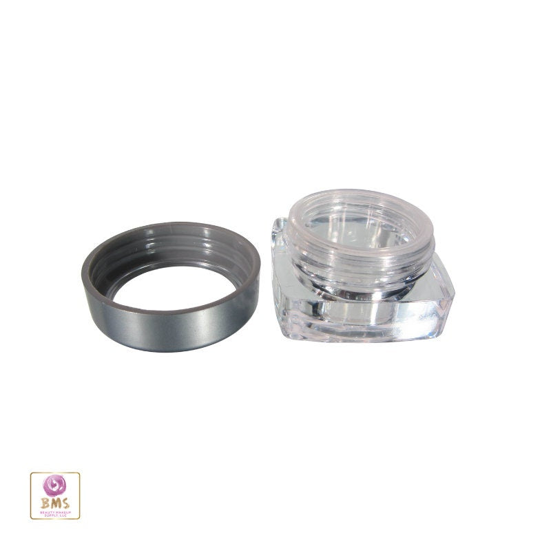 25 Empty Cosmetic Jars Square Plastic Thick Wall Makeup Containers Silver Trim Window Lids 5 Gram 5 Ml (3033-25) Discount Cosmetic Jars
