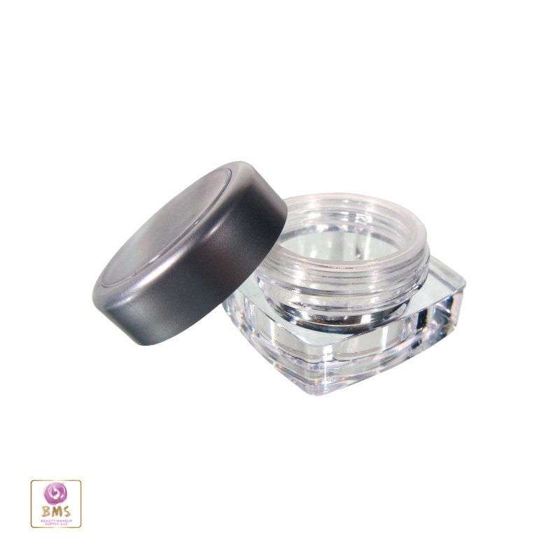 25 Empty Cosmetic Jars Square Plastic Thick Wall Makeup Containers Silver Trim Window Lids 5 Gram 5 Ml (3033-25) Discount Cosmetic Jars