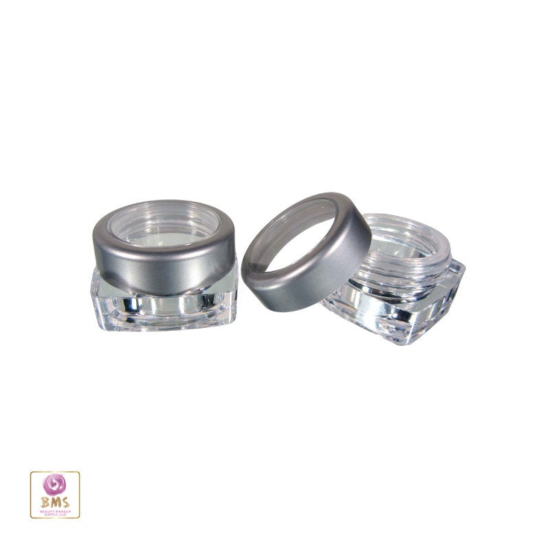 25 Empty Cosmetic Jars Square Plastic Thick Wall Makeup Containers Silver Trim Window Lids 5 Gram 5 Ml (3033-25) Discount Cosmetic Jars