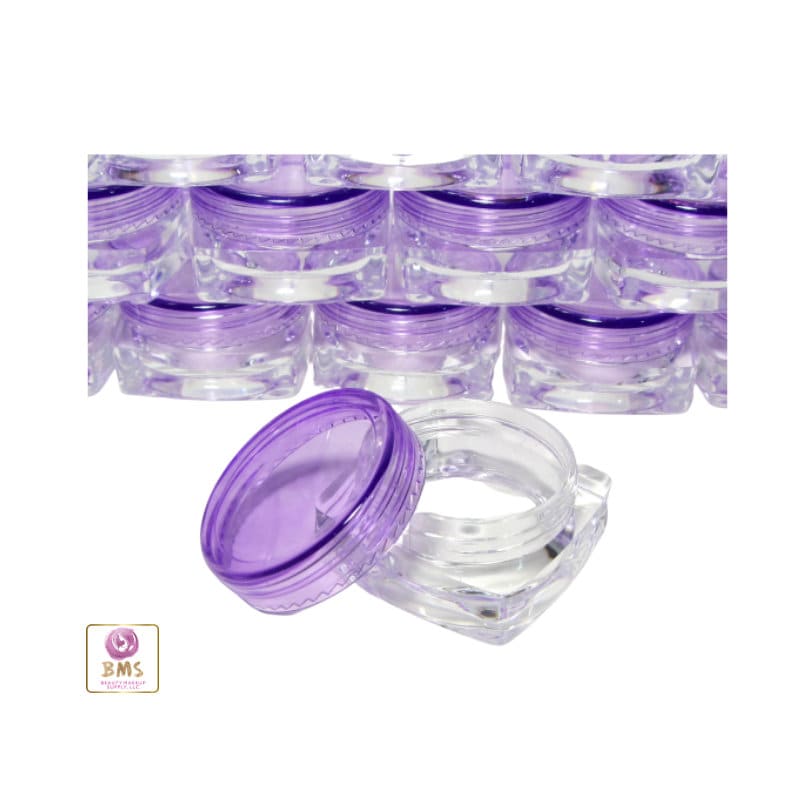 25 Mini Cosmetic Jars Square Beauty Lip Balm Eyeshadow Glitter Containers Purple Lids 3 Gram 3 Ml (3042-25) Discount Cosmetic Jars