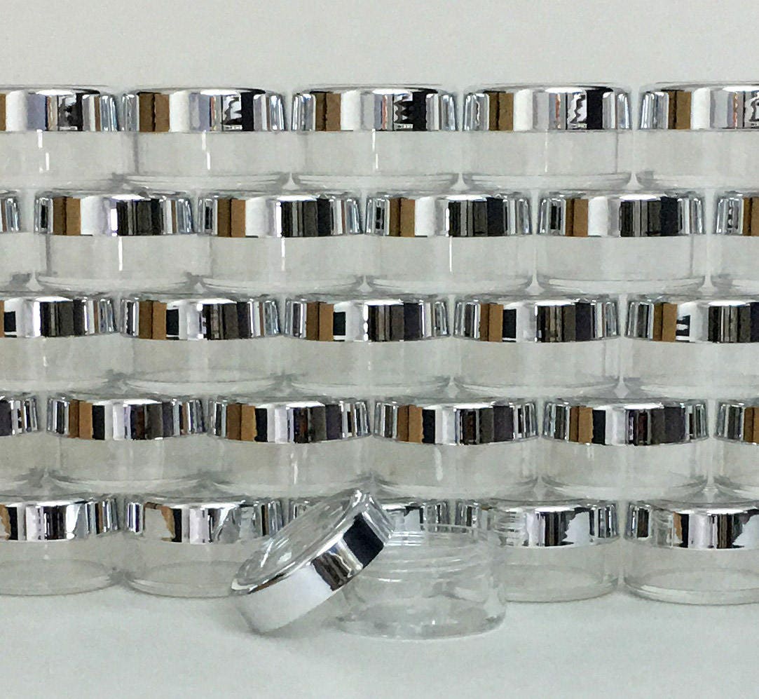 5 Beauty Lip Balm Containers Empty Small Plastic Cosmetic Pigment Jars Silver Trim Acrylic Lid 10 Gram 10 Ml (3011-5) Discount Cosmetic Jars