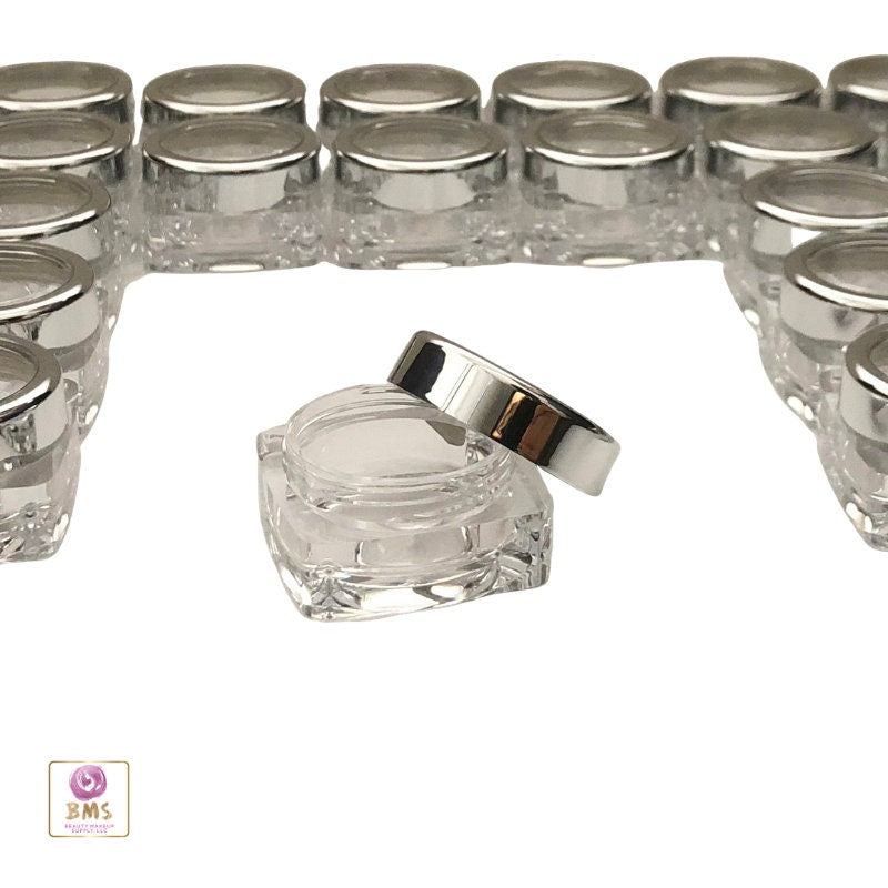 5 Empty Cosmetic Jars Plastic Beauty Lip Balm Thick Wall Square Containers Silver Trim Acrylic Lid 10 Gram 10 Ml (3081-5) Discount Cosmetic Jars