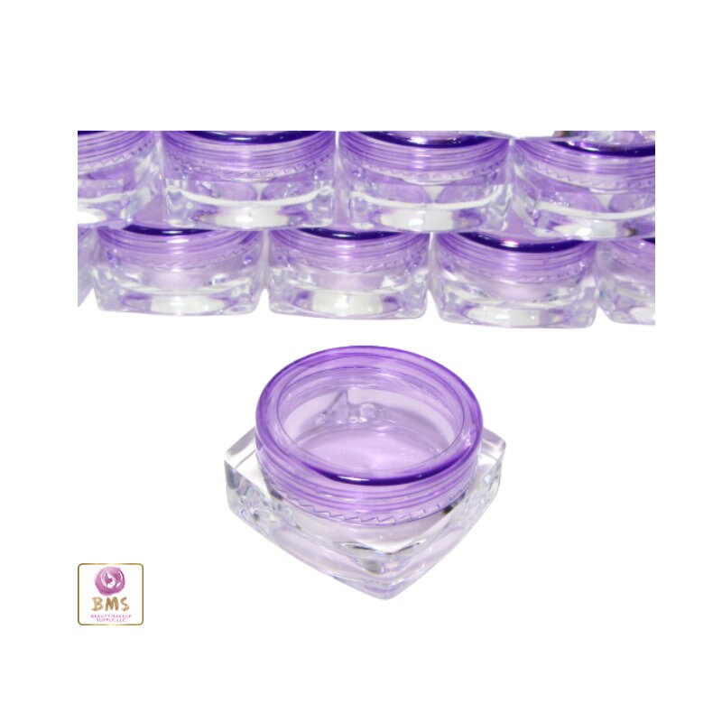 5 Mini Cosmetic Jars Square Beauty Lip Balm Eyeshadow Glitter Containers Purple Lids 3 Gram 3 Ml (3042-5) Discount Cosmetic Jars