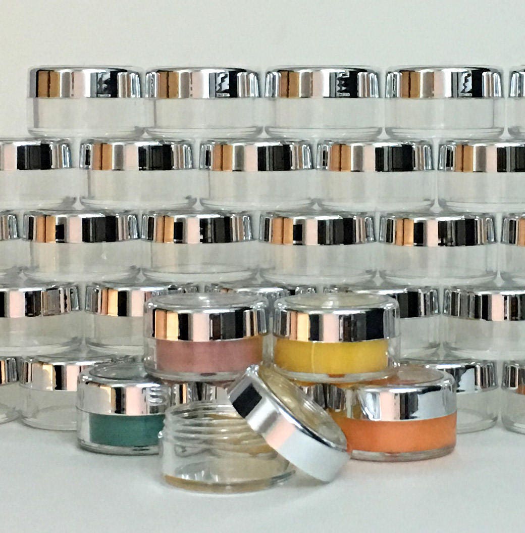 50 Beauty Lip Balm Containers Empty Small Plastic Cosmetic Pigment Jars Silver Trim Acrylic Lid 10 Gram 10 Ml (3011-50) Discount Cosmetic Jars