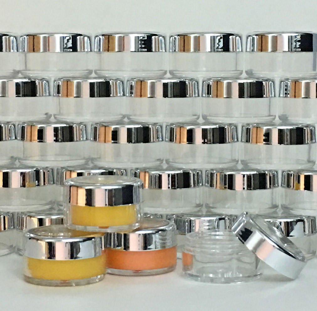50 Beauty Lip Balm Containers Empty Small Plastic Cosmetic Pigment Jars Silver Trim Acrylic Lid 10 Gram 10 Ml (3011-50) Discount Cosmetic Jars