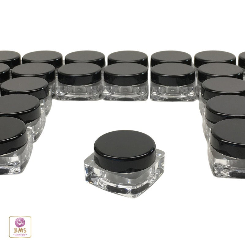 50 Cosmetic Jars Thick Wall Square Plastic Beauty & Craft Containers Black Lids 10 Gram 10 Ml (3088-50) Discount Cosmetic Jars