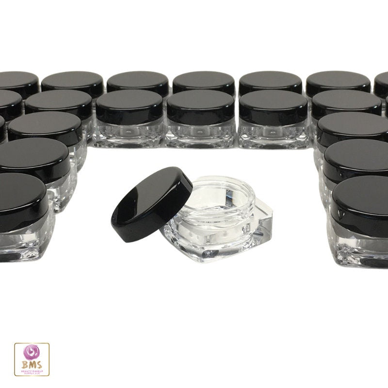 50 Cosmetic Jars Thick Wall Square Plastic Beauty & Craft Containers Black Lids 10 Gram 10 Ml (3088-50) Discount Cosmetic Jars