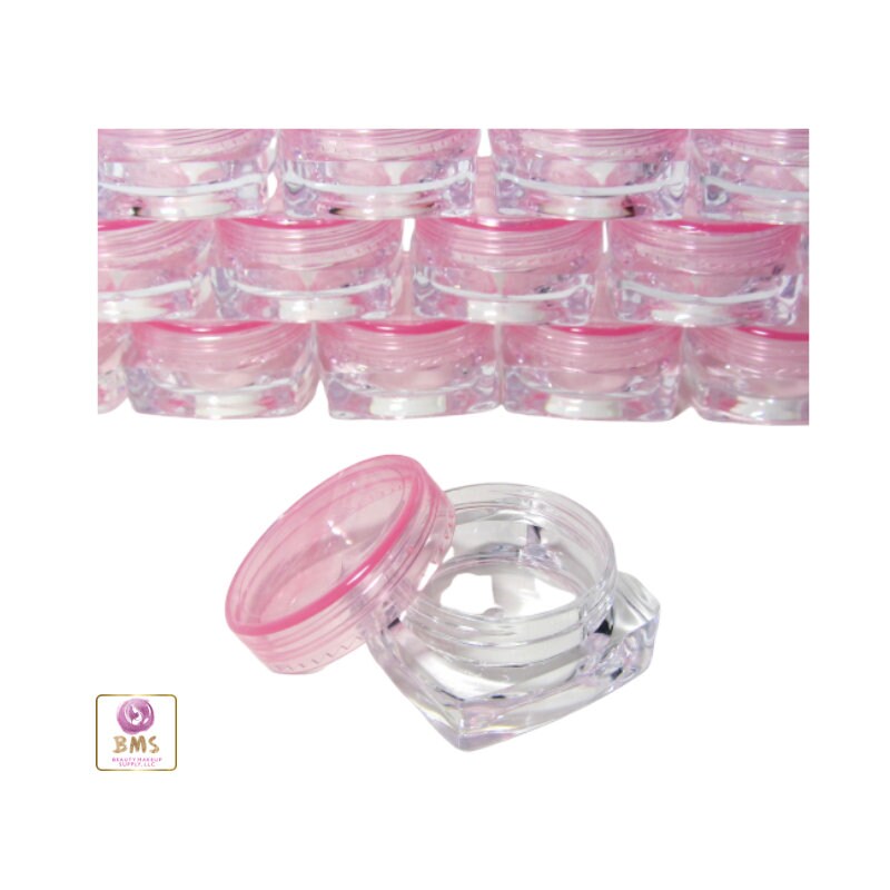 50 Mini Cosmetic Jars Square Beauty Lip Balm Eyeshadow Glitter Containers Pink Lids 3 Gram 3 Ml (3043-50) Discount Cosmetic Jars