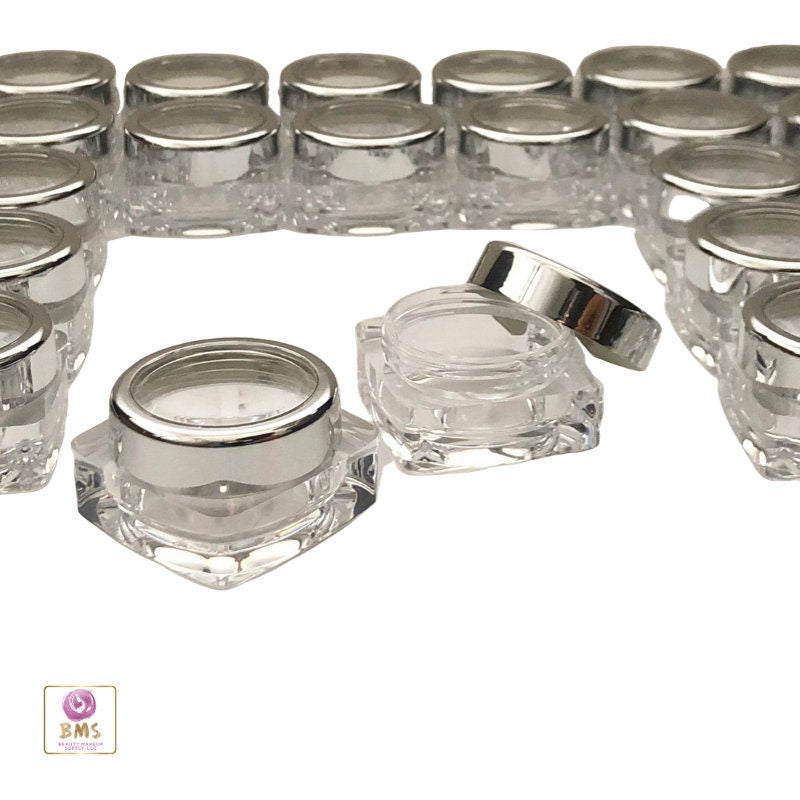50 Plastic Cosmetic Jars Empty Beauty Lip Balm Eyeshadow Thick Wall Square Containers Silver Trim Acrylic Lid 10 Gram 10 Ml (3081-50) Discount Cosmetic Jars