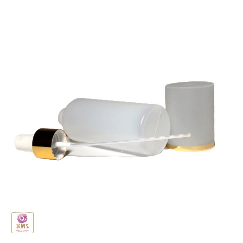 Plastic Bottles PE Spray Bottles with white Sprayer Pump w/ Gold Collars & Overcap 5 oz Natural Frosted (25 Bottles) 9725-25 Discount Cosmetic Jars
